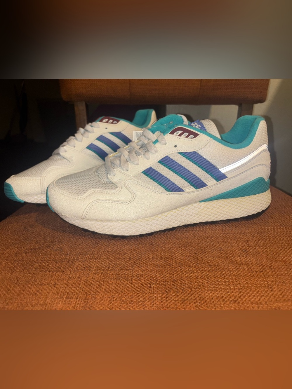 adidas White Sneakers with Teal & Blue Stripes